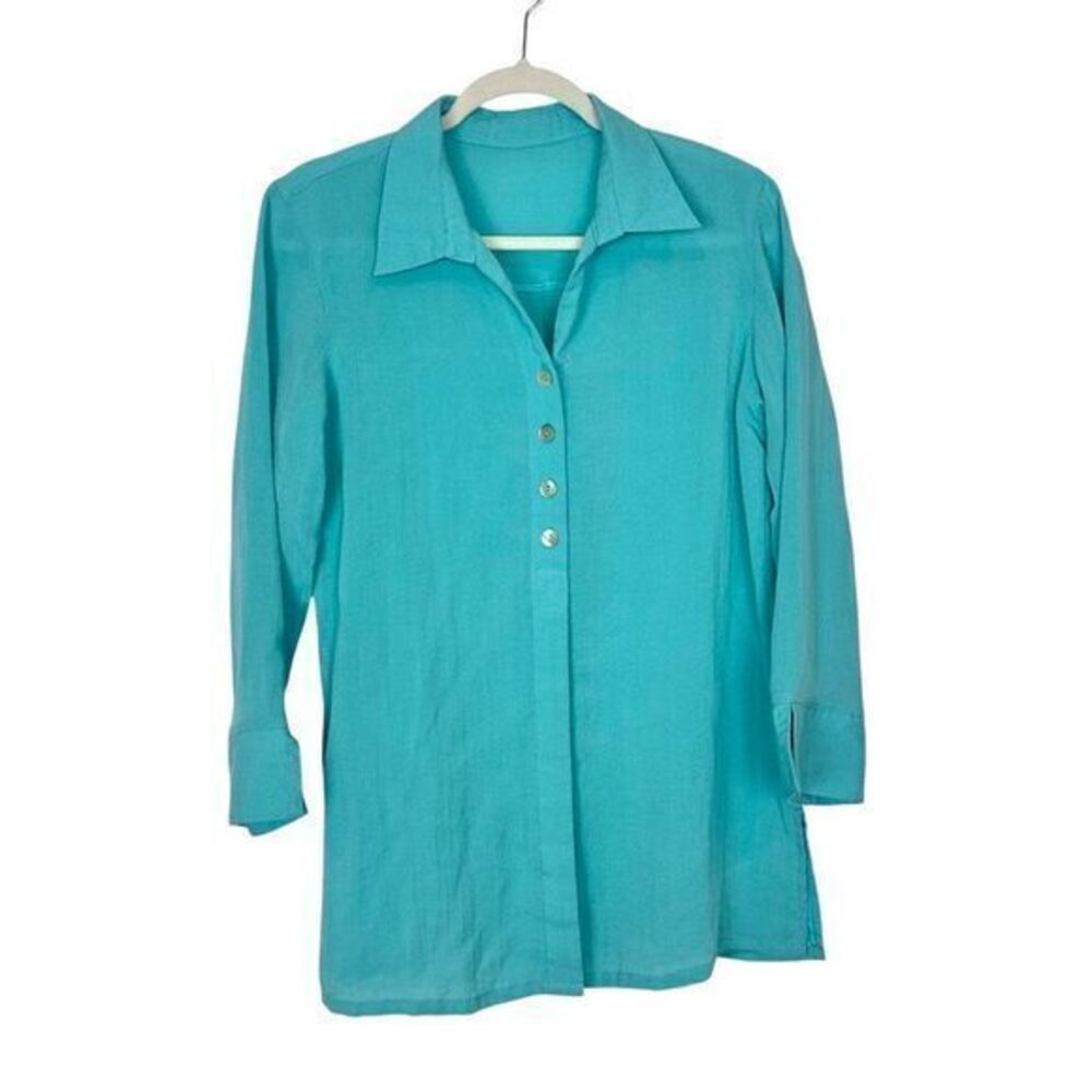 Fridaze Linen Redefined Shirt Blue Button Up Blouse 3/4 Sleeve Aqua Womens XS